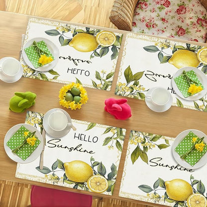 Lemon Iris Summer Placemats Set of 6, Rustic Fruit Place Mats, Country Hello Sunshine Dining Table Mats, Washable Placemats for Kitchen Dining Room Home Decor 18L'' × 12W''
