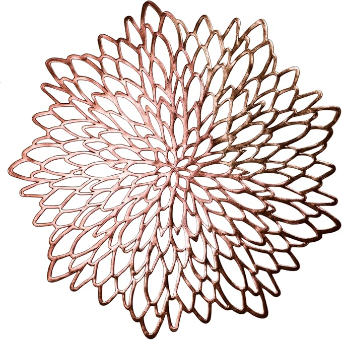 Snowkingdom 12 Pack Rose Gold Placemats Metallic Pressed Vinyl for Mother's Day Table Decoration Dinning Mats Bulk Round Floral Charger for Wedding Valentine's Day Christmas Holiday