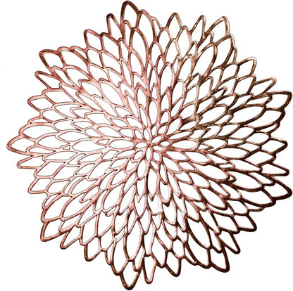 Snowkingdom 12 Pack Rose Gold Placemats Metallic Pressed Vinyl for Mother's Day Table Decoration Dinning Mats Bulk Round Floral Charger for Wedding Valentine's Day Christmas Holiday
