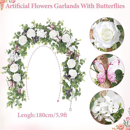 2Pcs 5.9 Ft Artificial Rose Vine Fake Flower Garland White Rose Hydrangea Vines with 3D Butterflies Hanging Floral Eucalyptus Garland for Wedding Party Background Arch Table Wall Home Decor