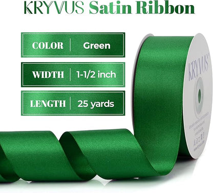 Green Satin Ribbon, Double Faced 1-1/2 Inch X 25 Yards Green Ribbon, Premium Satin Ribbon for Gift Wrapping, Crafts, Hair Bow Making, Sewing, Flower Bouquet, Wedding Party Decor