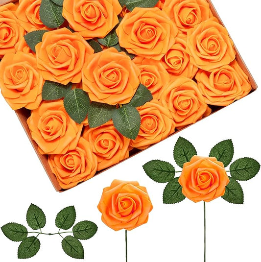 InnoGear Artificial Flowers, 50 Pcs Orange Rose Foam Fake Roses Bulk with Stems for Autumn Fall Decoration DIY Wedding Bouquets Centerpieces Bridal Shower Party Christmas Tree