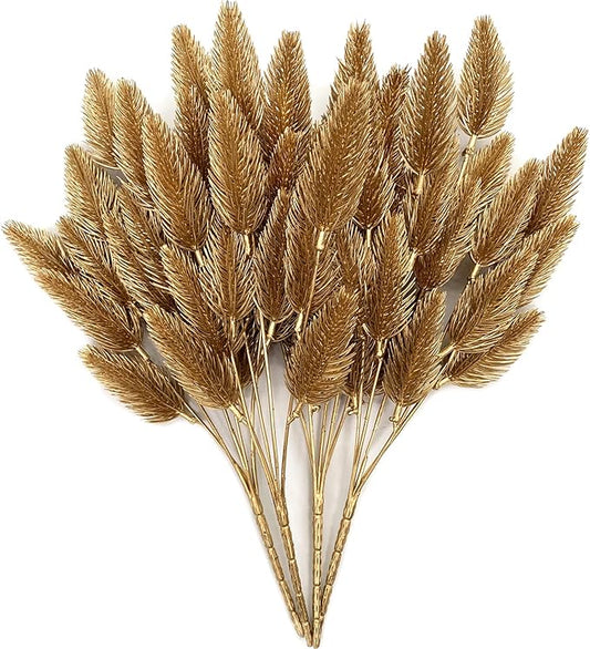 PASYOU Fake Plants, Artificial Flowers Decoration for Christmas Golden Pine Grass Plastic Faux DIY Crafts Indoor Outdoor Home Garden Party Room Bedroom Wedding Table Centerpiece Decor, Gold 4 Pack