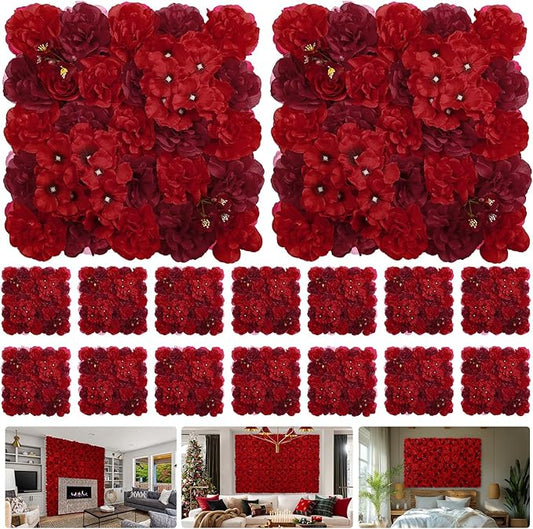 Artificial Flower Wall Backdrop 16pcs 16.5x16.5 Inch 3D Silk Rose Floral Wall Panel Ideal for Wedding Celebrations, Festive Party Birthday Backdrops and Elegant Home Decor-Red
