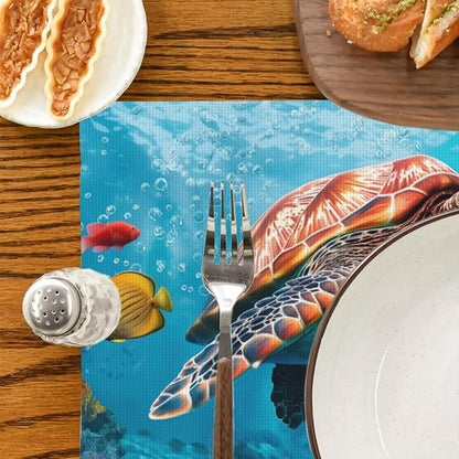Placemats Set of 4 Sea Turtle and Fishes Dining Place Mats Linen Table Mat for Farmhouse Home Kitchen Decor 12 X 18 Inch
