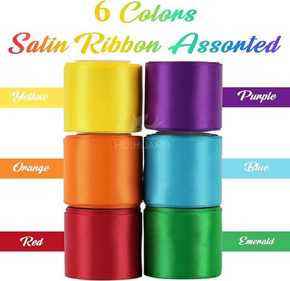 HUIHUANG Rainbow Ribbon 1-1/2 inch Colored Double-Faced Satin Ribbon for Gift Wrapping, Bows Making, Hairs, Flower Bouquets, Crafts, Pride Day, Birthday Party Decor- 6 Rolls, Total 30 Yards