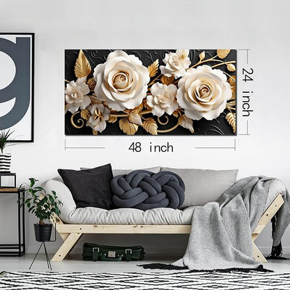 Flower Large Canvas Wall Art for Living Room Bedroom Home Office White and Gold Wall Art Blossom Picture Framed Wall Decor Modern Canvas Prints 24x48 In