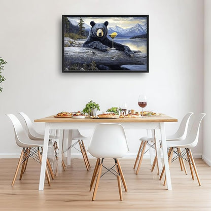 Forest Bear Large Decor Framed Wall Art Mountain Lake Cabin Pictures for Living Room, Black Bear Oversized Canvas Print Painting Modern Extra Large Framed Artwork for Bedroom Office 36"x24"