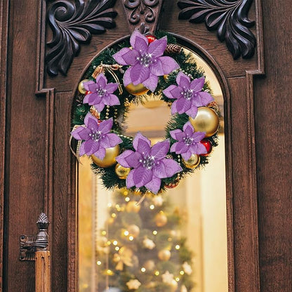 WILLBOND 24 Pcs 3 Size Poinsettia Flower Artificial Christmas Decor Glitter Poinsettia Christmas Ornaments Faux Flowers for Xmas Tree Outdoor(3.2/4/6 Inches,Purple)