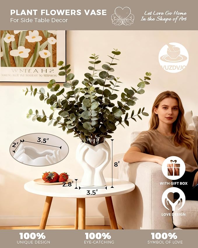 A Heart Held in Two Hands White Vases for Flowers - Cute Modern Small Ceramic Flower Vase for Pampas Grass - Decorative Table Vase for Coffee or Dining Table Centerpiece, Shelf - Gift for Mom (White)