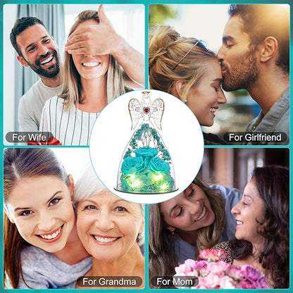 Mothers Day Rose Gifts for Women, Large Angel Figurines with Real Roses, Preserved Real Flower Rose for Her - Aqua Blue