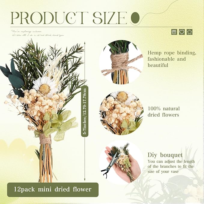 Layhit 12 Pack Boho Dried Flower Bouquet Mini Wedding Handmade Dry Flowers Decor for Vase Crafts DIY Photo Boutonniere for Men Floral Plant for Bridesmaid Gift Birthday Decor(Fresh)