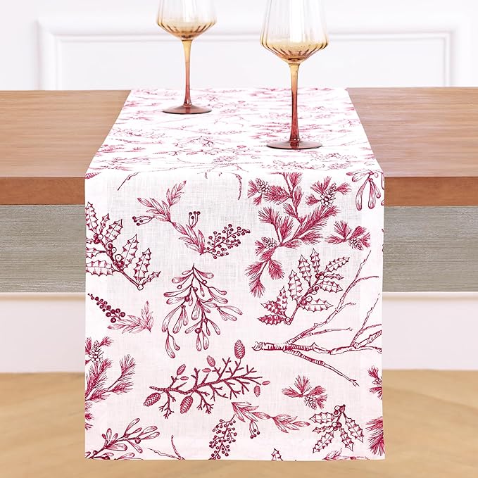Solino Home 100% Pure Linen Christmas Table Runner 108 Inches Long - Red/White Table Runner 14 x 108 Inch - Handcrafted and Machine Washable - Winter Forest Print