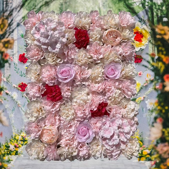 16"x 24" Artificial Flower Wall Panels,Flower Wall Mat Silk Flower Panels for Outdoor Garden Backyard Fence Fence Privacy Screen and Indoor Wall Decor(20Pcs Light Pink+Light Yellow+Red)