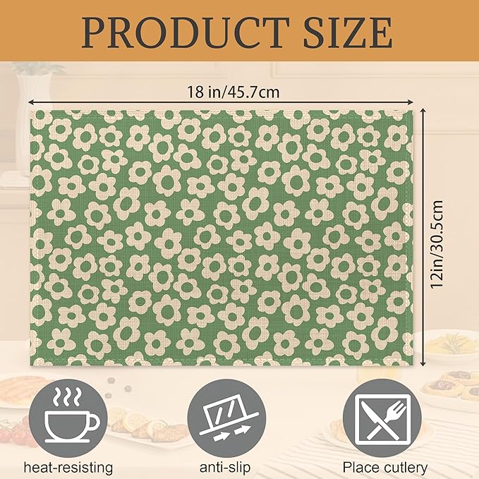 Groovy Green Flower Placemats Set of 6,Washable Heat Resistant 12×18 Inch Linen Table Mats Daisy Place Mats for Party Outdoor Dining Décor