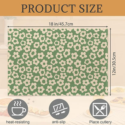 Groovy Green Flower Placemats Set of 6,Washable Heat Resistant 12×18 Inch Linen Table Mats Daisy Place Mats for Party Outdoor Dining Décor