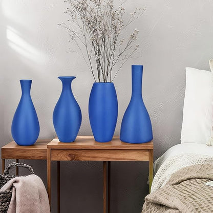 Matte Blue Ceramic Vase 4 Piece Set, Navy Blue Vase for Rustic Modern Home Decor, Coastal Decorative Vases for Living Room, Kitchen,Table,Shelf,Office,Housewarming,Gift
