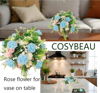 Artificial Rose Flowers 25pcs, Light Blue Foam Fake Rose Faux Flower for Wedding Bouquets Bridal Shower Centerpieces Floral Arrangements Home Decorations Party Backdrops Table