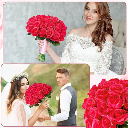 80 Pcs Roses Artificial Flowers, Silk Red Artificial Flowers Petals Long Stem Roses for Wedding Bouquet Home Party Decor