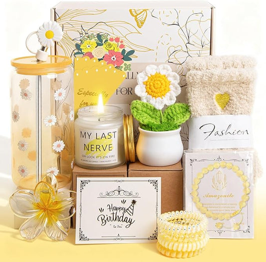 Christmas Birthday Gifts for Women, Teen Girls, Her, Unique Happy Birthday Gift Baskets for Best Friend Sister Daughter, Women Gifts Box for Girls Wife Girlfriends, 14pcs Cute Daisy Gift Set(Yellow)