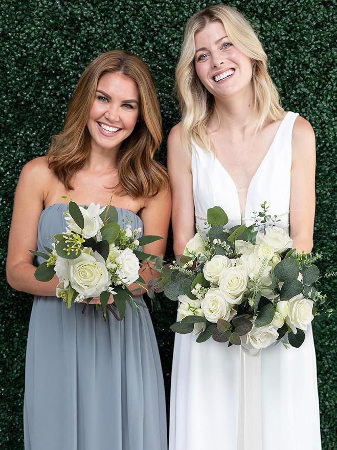 Rinlong 1Pc Wedding Bouquets for Bride Bridesmaids White Rose Green Artificial Flowers Bridesmaids Bridal Bouquet for Wedding Prom