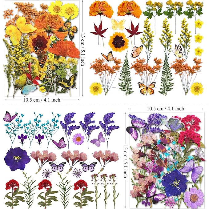 103Pcs Dried Pressed Flowers with Butterfly Stickers for Resin Molds, Real Natural Bulk Dry Floral Leave for DIY Art Crafts, Epoxy Jewelry, Candle, Soap Making, Nails Decors