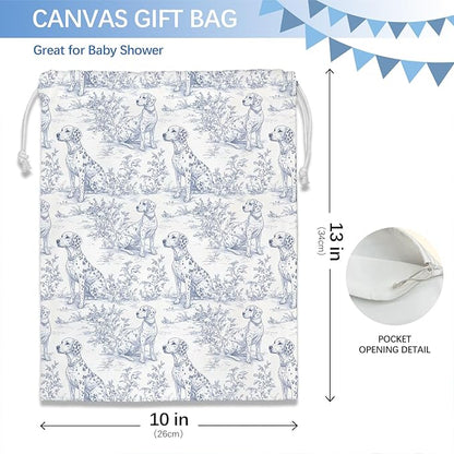 DSHFG Blue Chinoiserie Birthday Drawstring Gift Wrap Bags, Chinoiserie Dog Baby Shower Drawstring Gift Bags Canvas, Blue and White Small Happy Birthday Bag, Gifts for Women Dog Lovers, 10x13 Inch