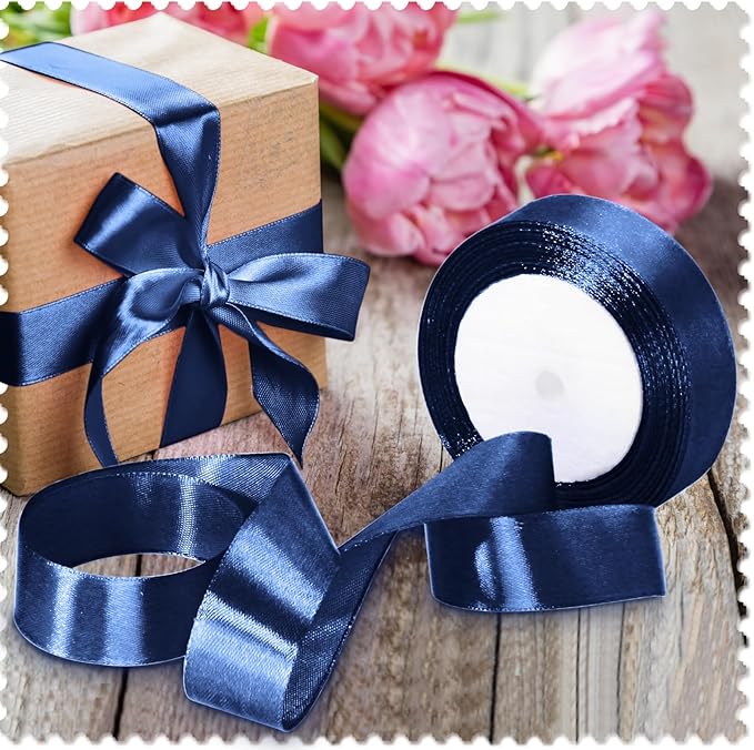 Luomorgo 1 Inch Navy Blue Satin Ribbon, 25 Yards Solid Color Ribbon, Fabric Ribbon for Gift Wrapping, Flower Bouquet, DIY Craft, Sewing, Wedding, Birthday Party Decorations