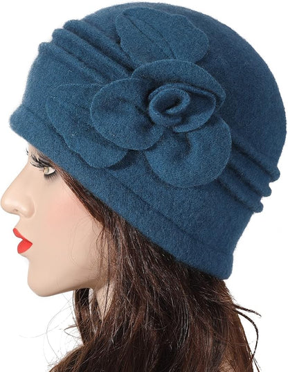 ZLYC Women Wool Cloche Bucket Hat 1920s Vintage Dress Winter Hats with Flower Accent