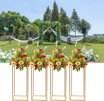 4PC 23.6" Flower Stand for Wedding Metal Cylinder Stands for Party Rectangular Gold Centerpieces Flower Vase Gold Pedestal Columns for Weddings Indoor Outdoor Flower Plant Stand Decoration