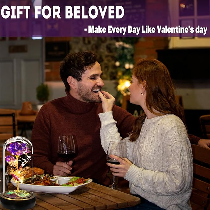 Birthday Rose Flower Gifts for Women, Mothers Day Glass Rose Gift for Mom from Daughter Son, Colorful Purple Rose in Glass Dome with Music Box, Light Up Rose in Dome for Her Wife Grandma