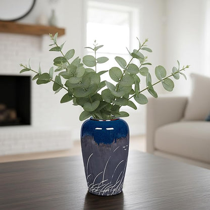 Black and Navy Blue Vase, 8 Inch Dark Blue Ceramic Vase for Flowers, Modern Decorative Vases for Home Decor, Coastal Living Room Decor, Navy Table Centerpiece