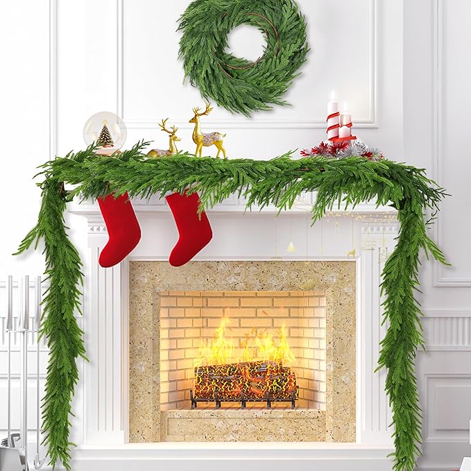9 Ft Christmas Norfolk Pine Garland Real Touch Artificial Faux Greenery Christmas Garland Decorations for Home Fireplace Mantle Table Stairs Door Indoor Outdoor Holiday Decor