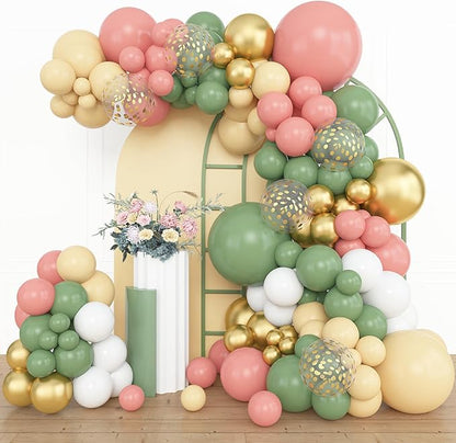 Amandir 153pcs Retro Green Pink Balloon Garland Arch Kit, Different Sizes 18 12 10 5 inch White Dusty Pink Latex Metallic Confetti Balloons for Jungle Safari Birthday Party Baby Shower Decorations