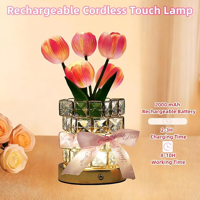 Tulips Flower Lamp,Rechargeable Cordless Touch Table Lamp for Bedroom,3-Colour Dimming Small Night Light,Crystal Bedside Lamps with USB Charge,Birthday Christmas Gifts for Women,Mom (Tulips Flower)
