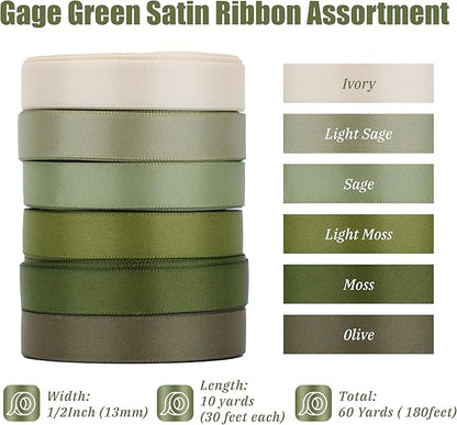 Sage Green Satin Ribbon - Moss Green, 1/2 Inch, 6 Rolls (60 Yards) for Wedding, Crafts & Gift Wrapping