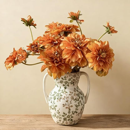 Green and Beige Farmhouse Vintage Vase with 2 Handles, Chinoiserie Floral Vase, Rustic Ceramic Vases for Home Decor, Wedding, Living Room, Table, Shelf Decor - 8.3 Inch Tall