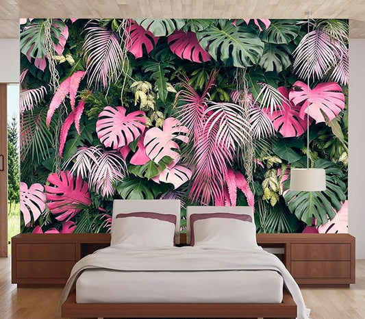 Cliouar-Leaves Green and Pink, Tropical Plants,Wall Mural Wallpaper Peel and Stick 160" x 114"