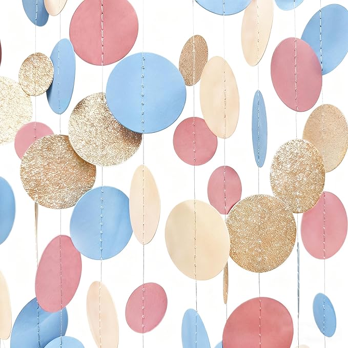 Champagne Gold Dusty Pink Blue Cream Beige Circle Dot Hanging Streamer Polka Dot Garland Banner for Baby Shower Birthday Wedding Bridal Shower Engagement Boho Gender Reveal Party Decorations Supplies