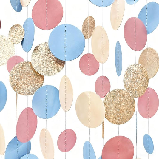 Champagne Gold Dusty Pink Blue Cream Beige Circle Dot Hanging Streamer Polka Dot Garland Banner for Baby Shower Birthday Wedding Bridal Shower Engagement Boho Gender Reveal Party Decorations Supplies