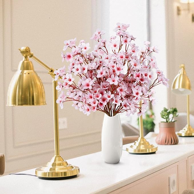Sggvecsy Artificial Cherry Blossom Flowers 8 Pcs Faux Cherry Blossom Stems Faux Silk Cherry Blossom Branches 15.7’’ Fake Peach Flowers for Vase Arrangements Home Wedding Table Decor (Pink)