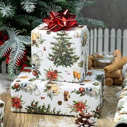 MAYPLUSS Christmas Wrapping Paper Roll - 17 In x 33 Feet - Cute Watercolor Christmas Tree Candle Pinecone Goblet Gift Wrap Paper for New Year, Holiday, Kids