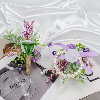 SITUMEIZI 2Pcs Purple Corsage and Boutonniere Set,Corsage Wristlet for Prom Decor,Boutonniere for Men Wedding Flowers Accessories Party Suit Decoration