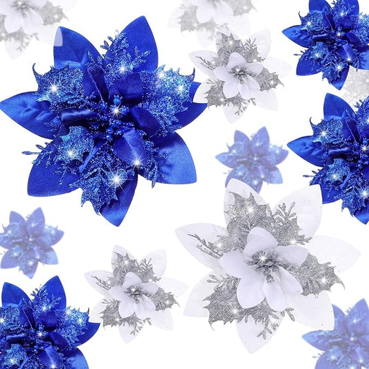 Geosar 24 Christmas Glitter Artificial Poinsettia Flowers Xmas Poinsettia Wedding Flowers Decorations Xmas Tree Ornaments with Clips for Party Favors, 6 Inch, 4 Inch, 3 Inch (Blue and Sliver)