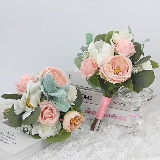 Rinlong 1Pc Wedding Bouquets for Bridesmaids Bride Pink Green Artificial Flowers Bridesmaids Bridal Bouquet for Wedding Prom