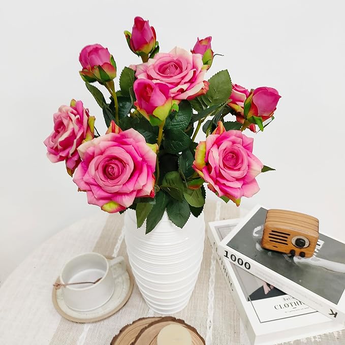 ATFL Pink and Purple Fake Roses Flowers, 6 Pcs Faux Silk Real Touch Moisturizing Artificial Rose Flowers for Decoration DIY Wedding Party Home Office Decoration and Dining Table Centerpiece