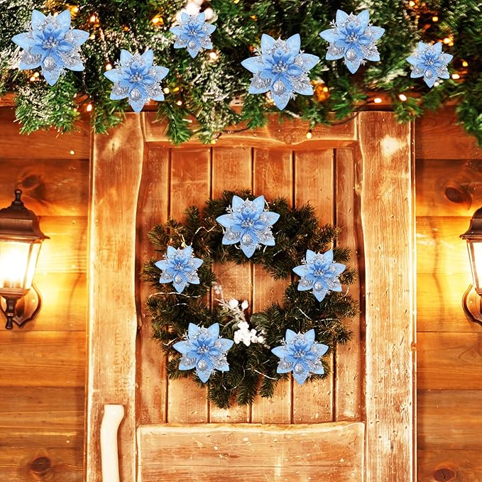 24 Christmas Glitter Artificial Poinsettia Flowers Xmas Poinsettia Artificial Wedding Flowers Decorations Xmas Tree Ornaments with Clips for Party Favors, 6 Inch, 4 Inch, 3 Inch (Silver and Blue)