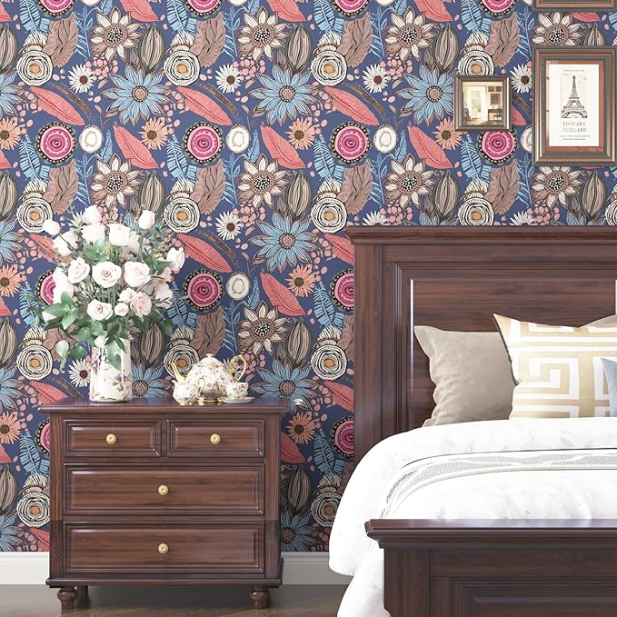 Boho Wallpaper Peel and Stick,Vintage Blue Pink Floral Contact Paper, Retro Antique Botanical Flowers Wall Paper Self Adhesive Removable Waterproof for Bathroom Shelves Cabinet Table 17.5" x 118"