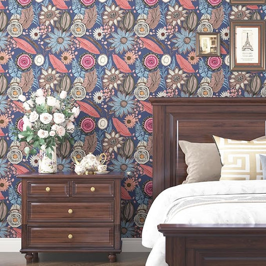 Boho Wallpaper Peel and Stick,Vintage Blue Pink Floral Contact Paper, Retro Antique Botanical Flowers Wall Paper Self Adhesive Removable Waterproof for Bathroom Shelves Cabinet Table 17.5" x 118"