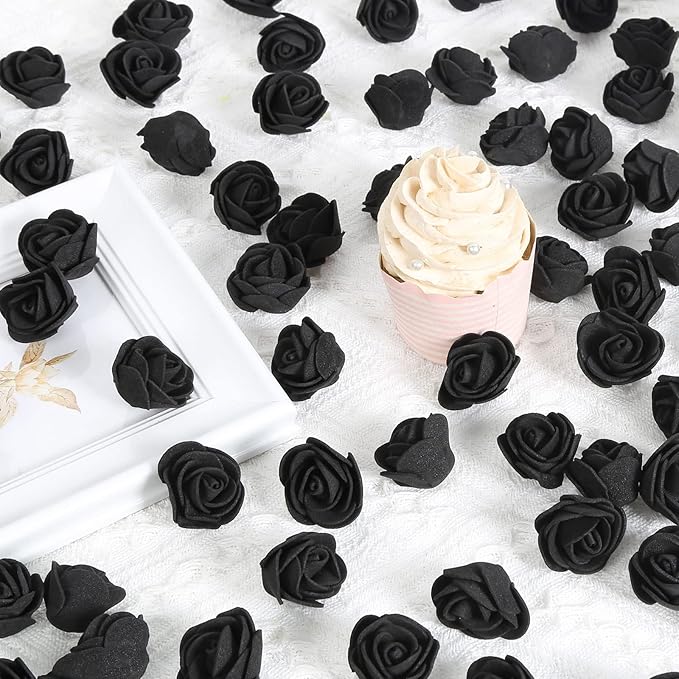 INSUNSIXMini Foam Rose Heads 500PCS Black Artificial Flower Foam Fake Flower Bulk for DIY Crafts Wedding Bouquets Baby Shower Centerpieces Floral Arrangements Party Tables Home Decorations(Black)